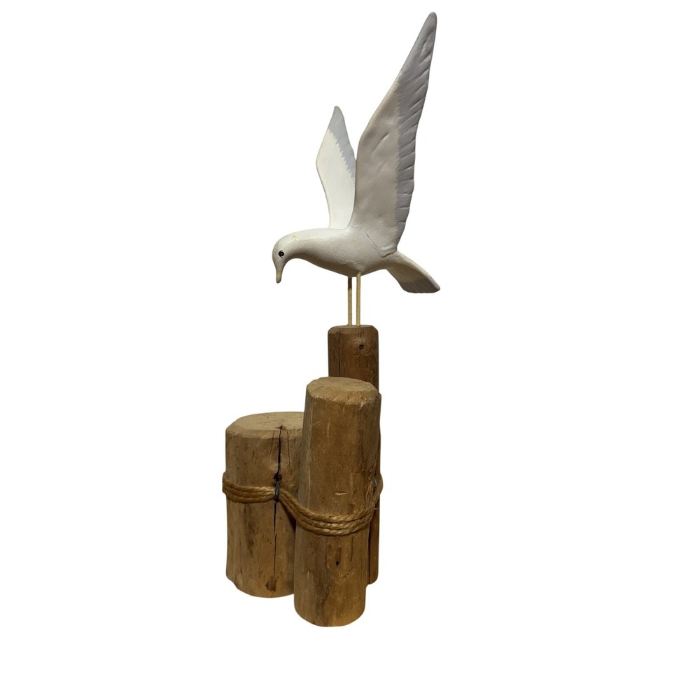 Hand Carved Wood Seagull Figurine Pier Pilings Nautical Beach Decor 12 in